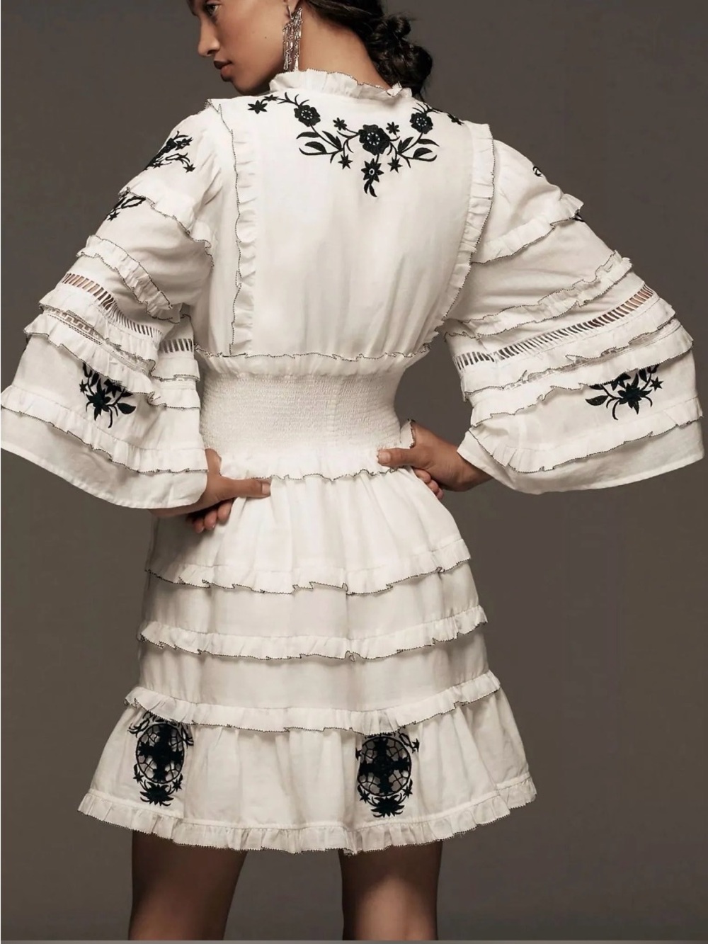 NWT ANTHRO Embroidered Ruffled Mini Dress (S) MSRP $188 - Picture 3 of 5